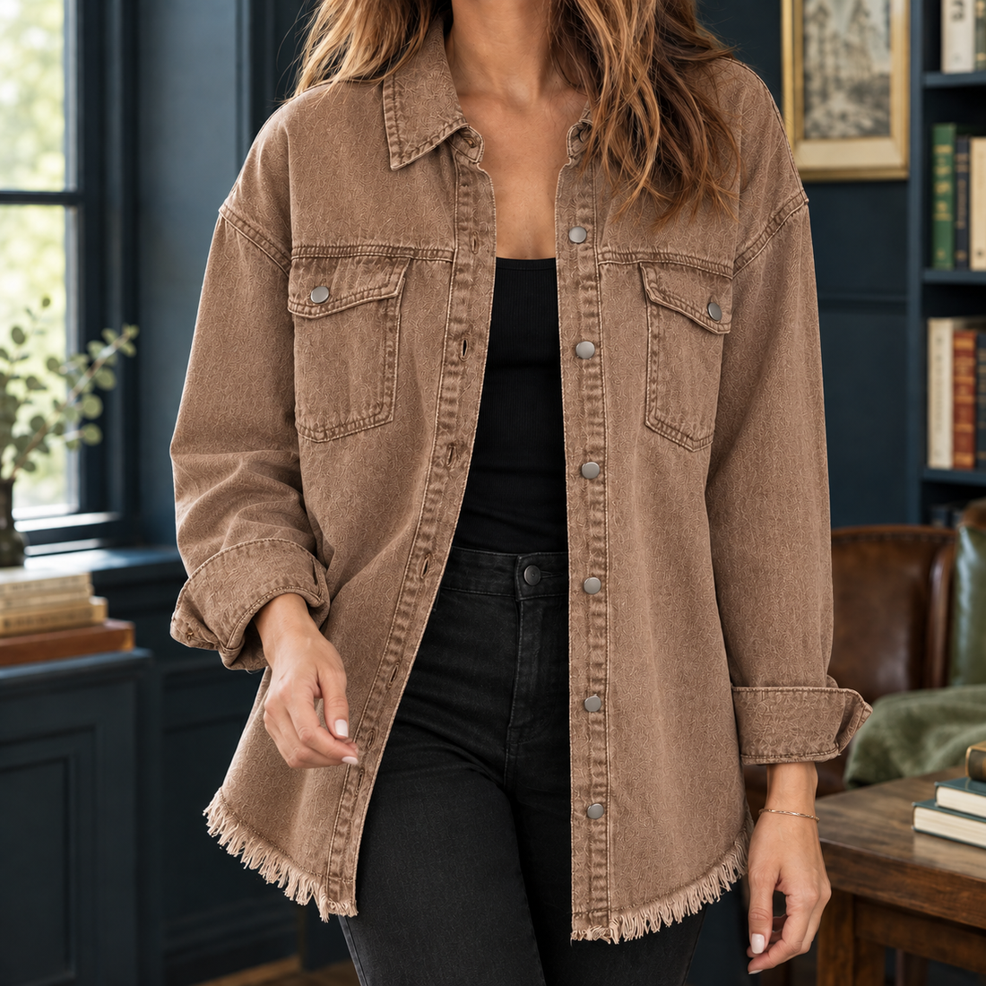 Nina-Elise Frayed Denim Overshirt - Brown