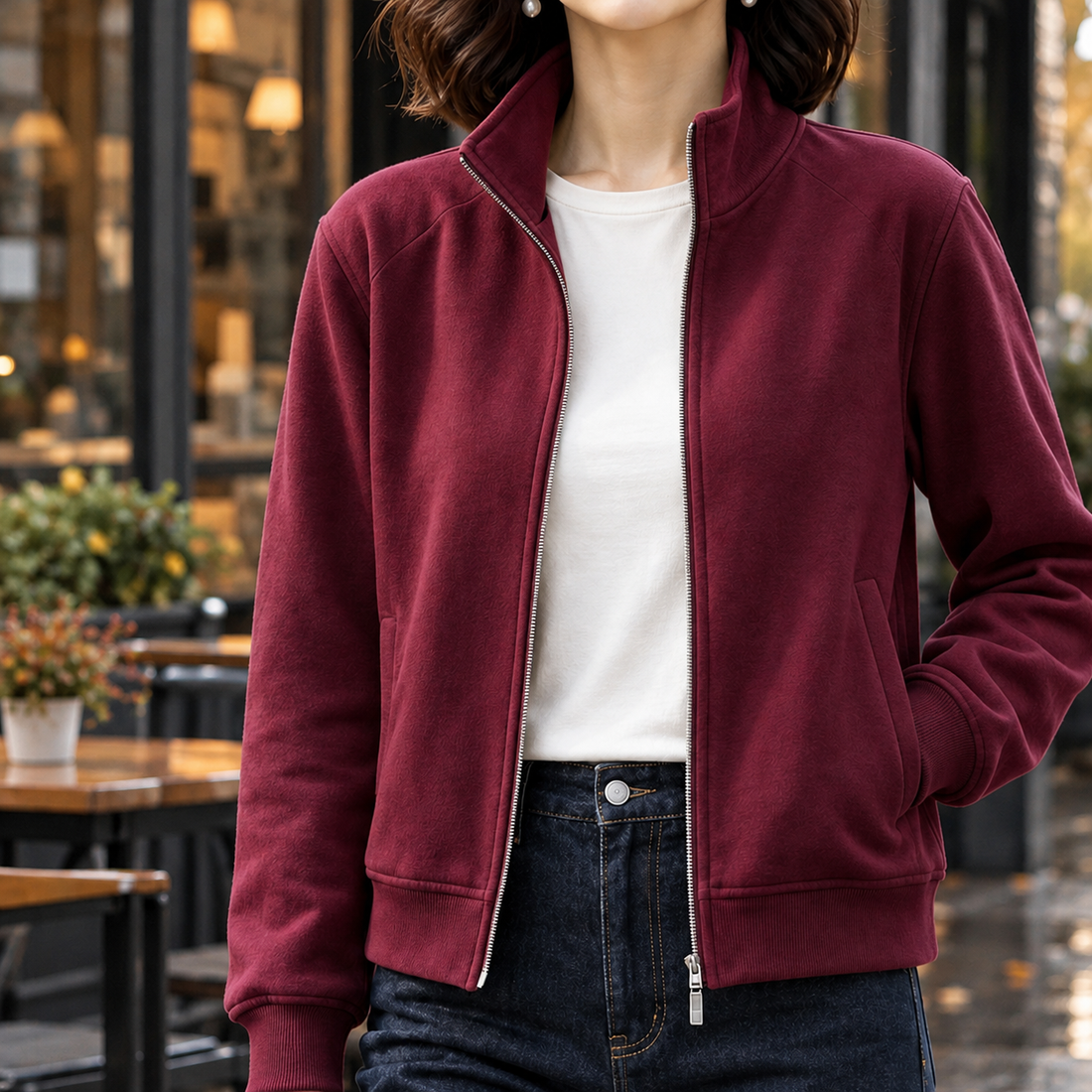 Theodora-Skye Stand Collar Jacket - Wine Red