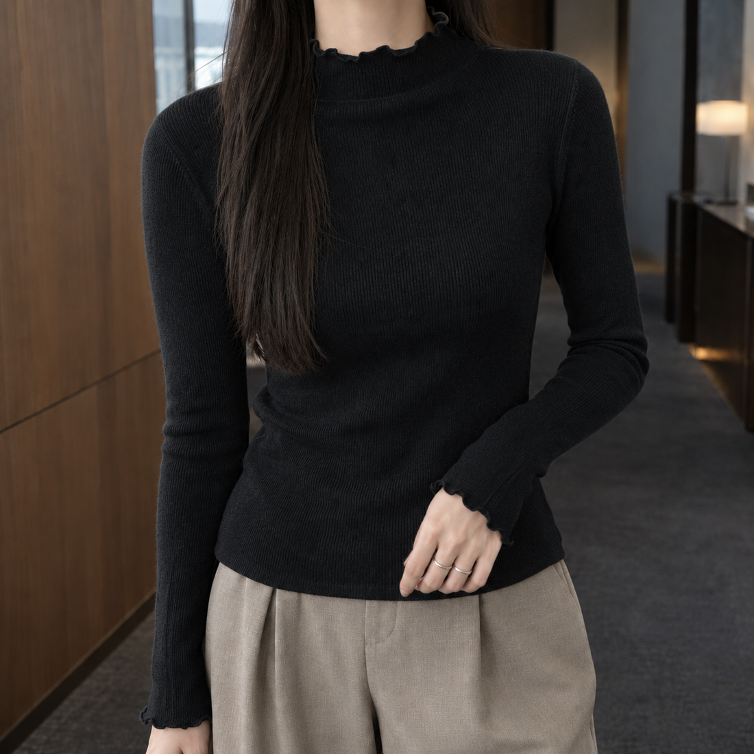 Cerys-Hope Ruffle Neck Sweater - Black