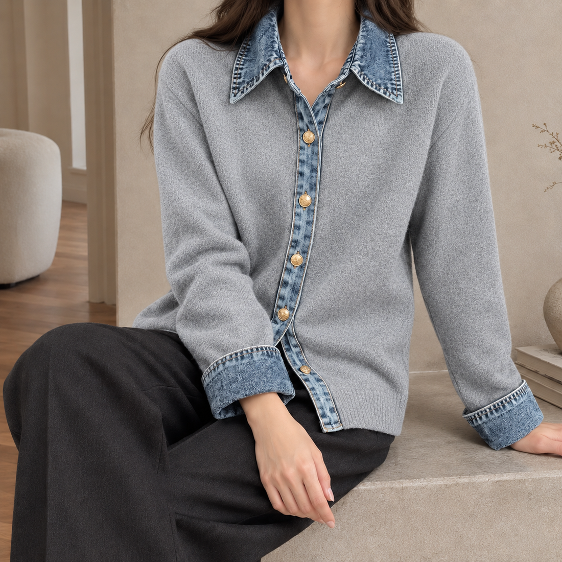 Zoe Denim Trim Cardigan - Medium Gray