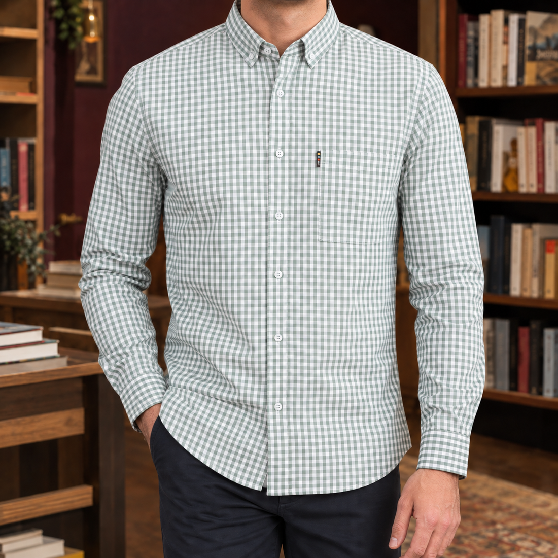 Mathias-Dean Gingham Shirt - Sage Green White
