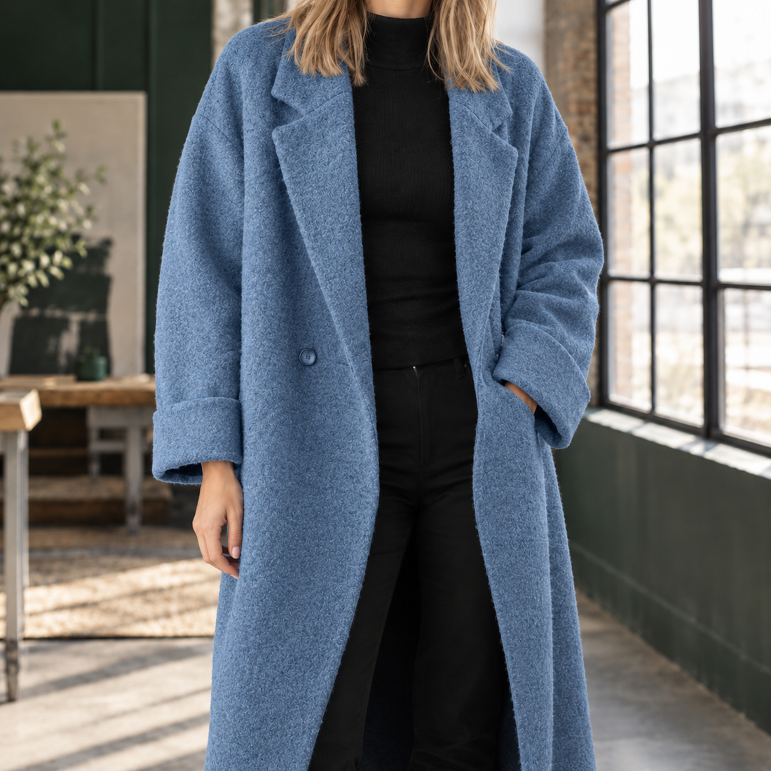 Daphne-Eve Double-Breasted Overcoat - Sea Blue