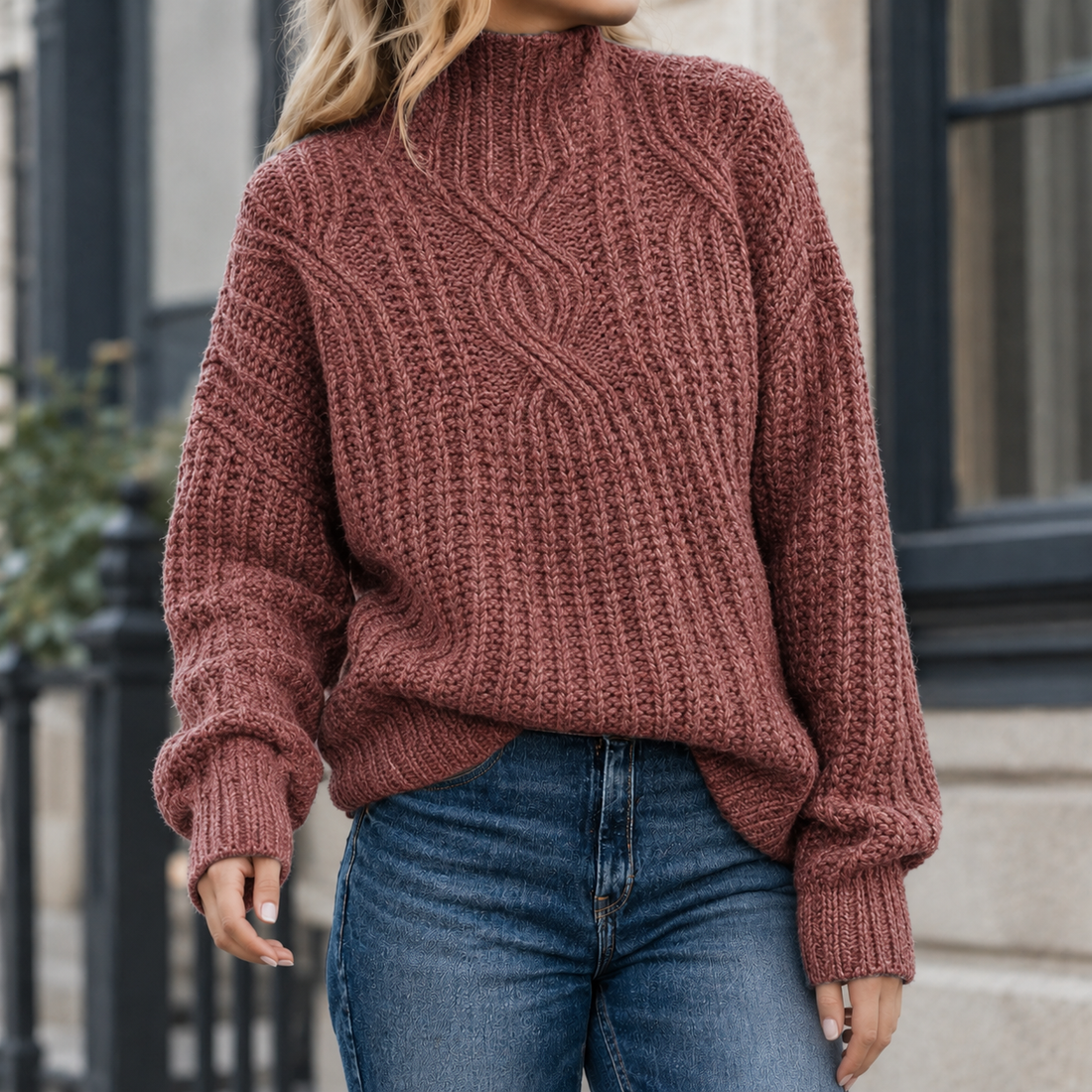 Lucille-Pearl Cable Knit Sweater - Brick Red