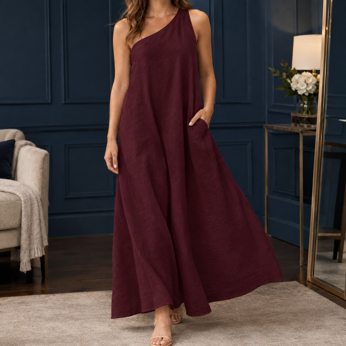 Elle One-Shoulder Jumpsuit - Burgundy