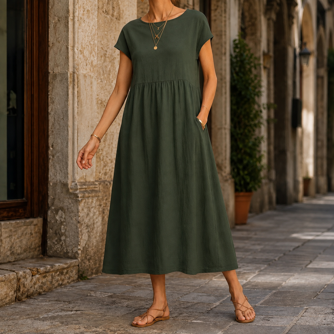 Orla-June Cotton Midi Dress - Military Green