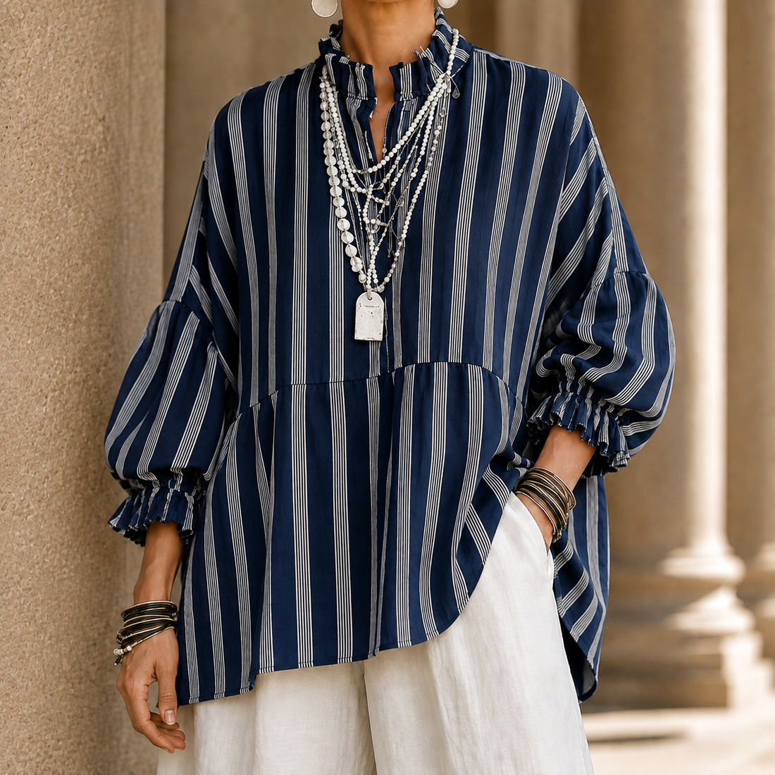 Bianca-Sage Ruffle Top - Navy Blue