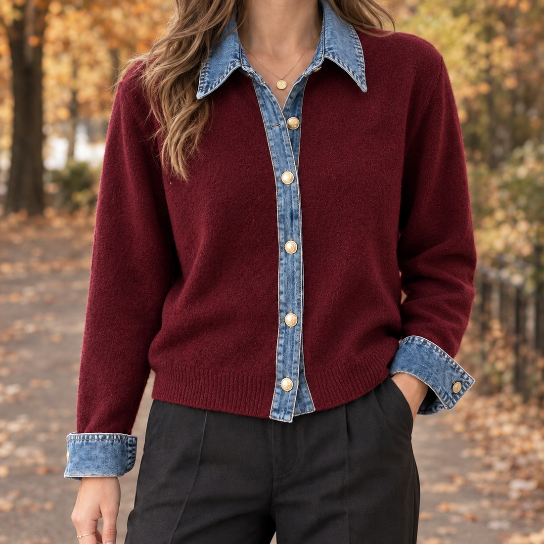 Esther-Belle Denim Cardigan - Crimson Premium Edition