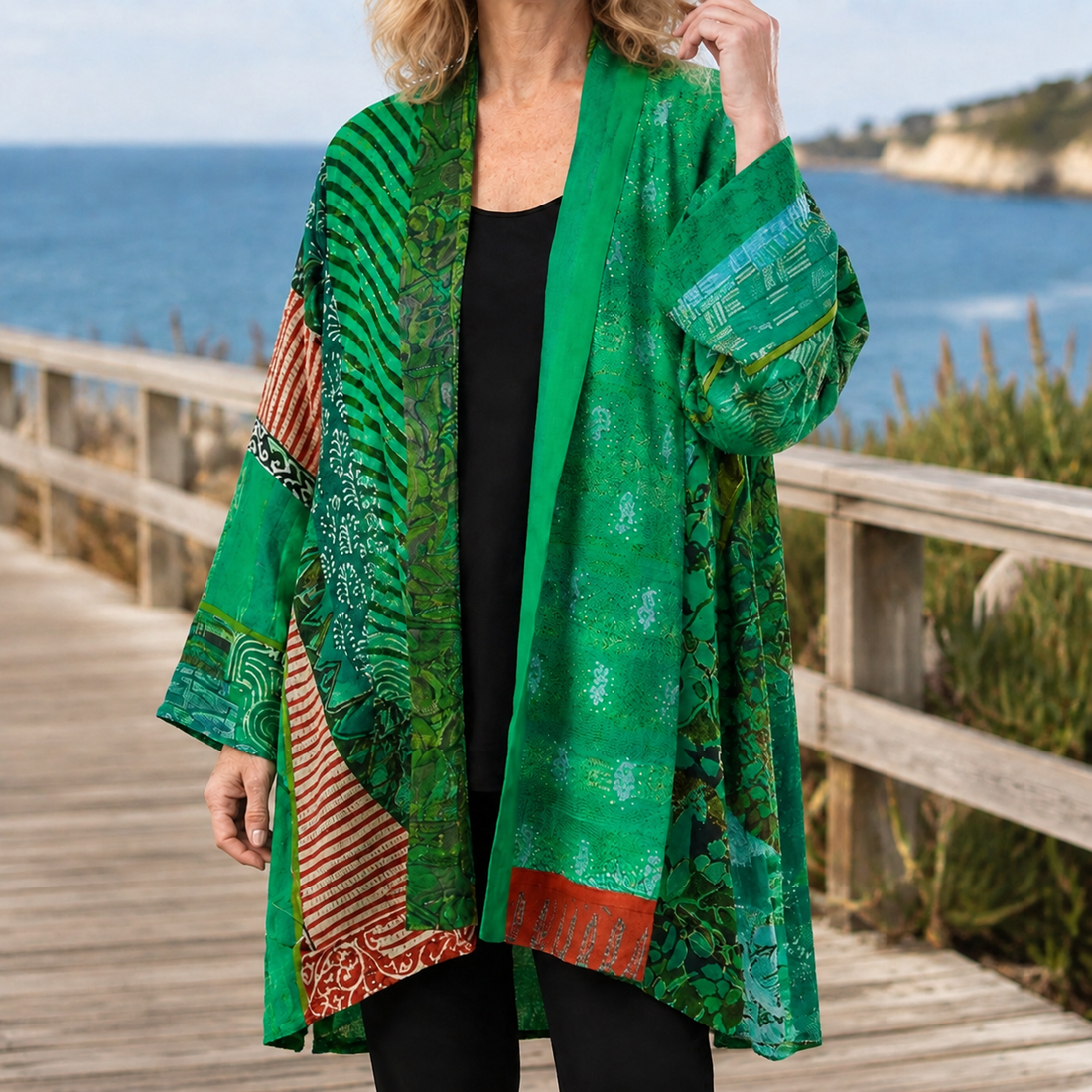 Celine-Sage Patchwork Cardigan - Green