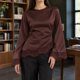 Esther-Jade Asymmetric Lace Top - Reddish-brown