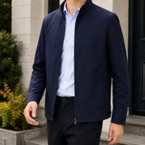 Aldous Silk Jacket - Dark Blue Stand Collar