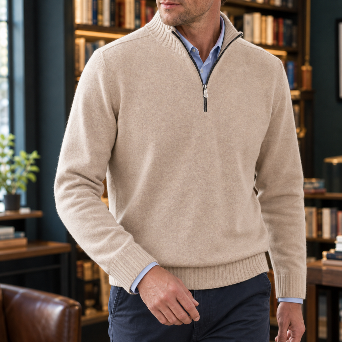 Ezra-Stone Quarter Zip Sweater - Apricot