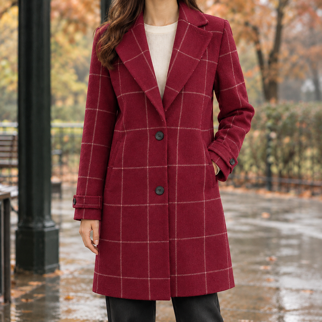 Matilda-Skye Windowpane Coat - Burgundy