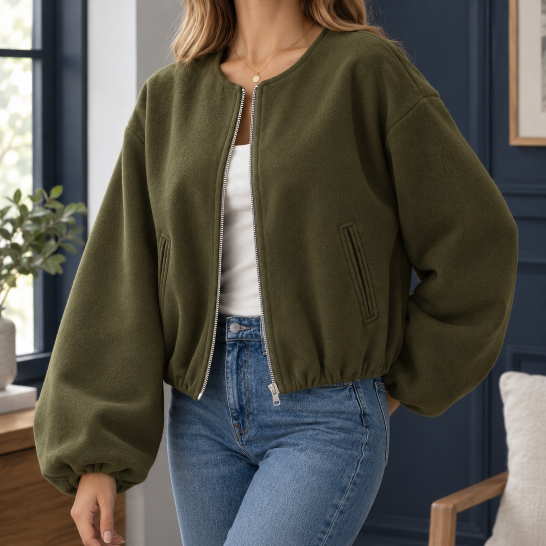 Laurel-Rae Balloon Sleeve Jacket - Military Green