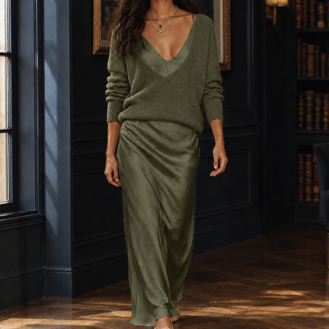 Adeline-Claire Layered Slip Dress - Military Green