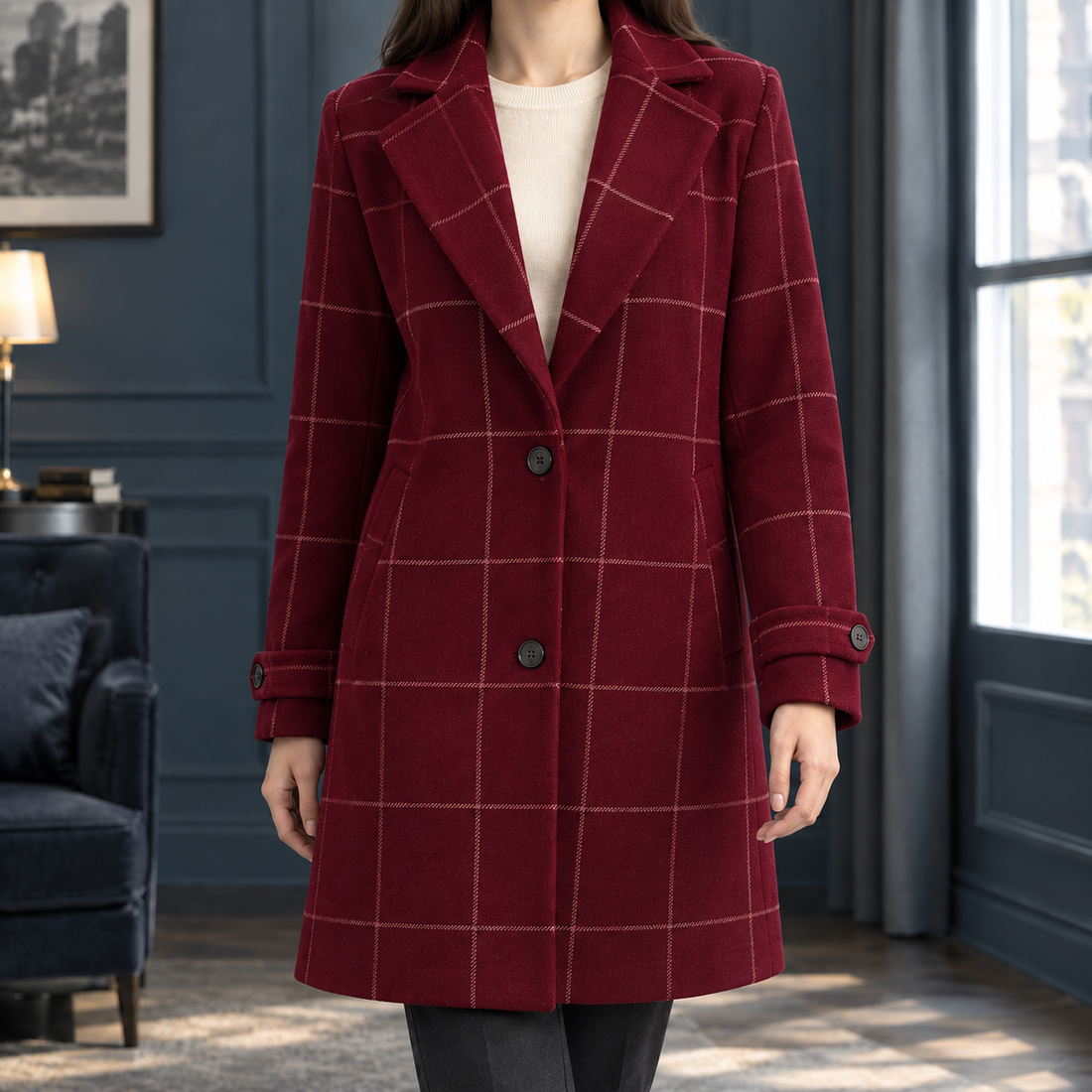 Arabella-Elise Windowpane Coat - Wine Red