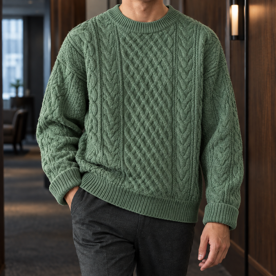 Holden-Hayes Cable Knit Sweater - Green Crew Neck