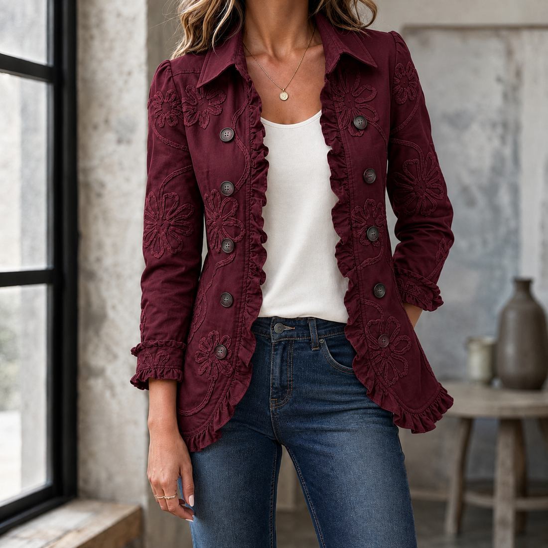 Zelda-Elise Embroidered Jacket - Burgundy