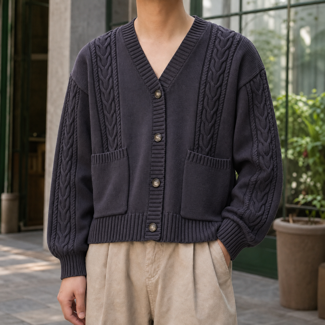 Jonathan-Cole Cable Knit Cardigan - Violet Gray