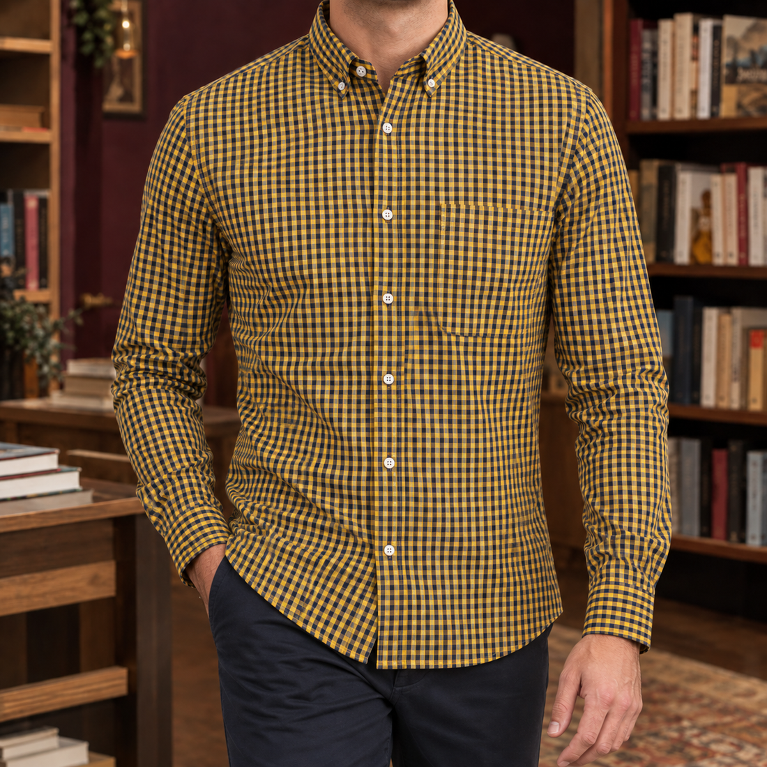 Mathias-Dean Gingham Shirt - Mustard Yellow Navy