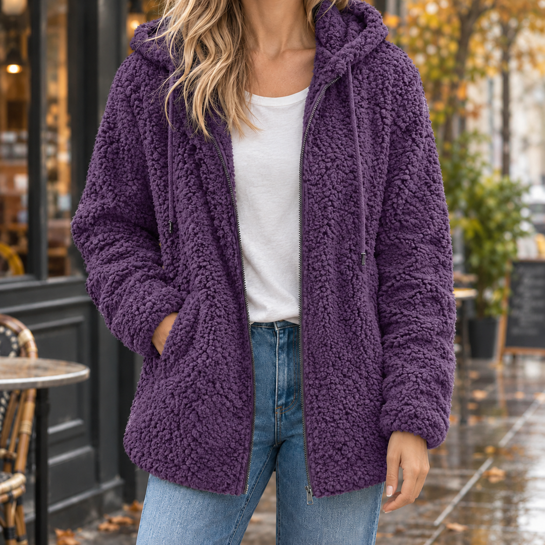 Ines-June Hooded Teddy Jacket - Purple
