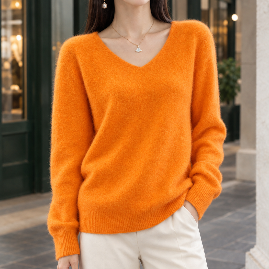 Imogen-Mae V Neck Wool Sweater - Emma Orange V-neck