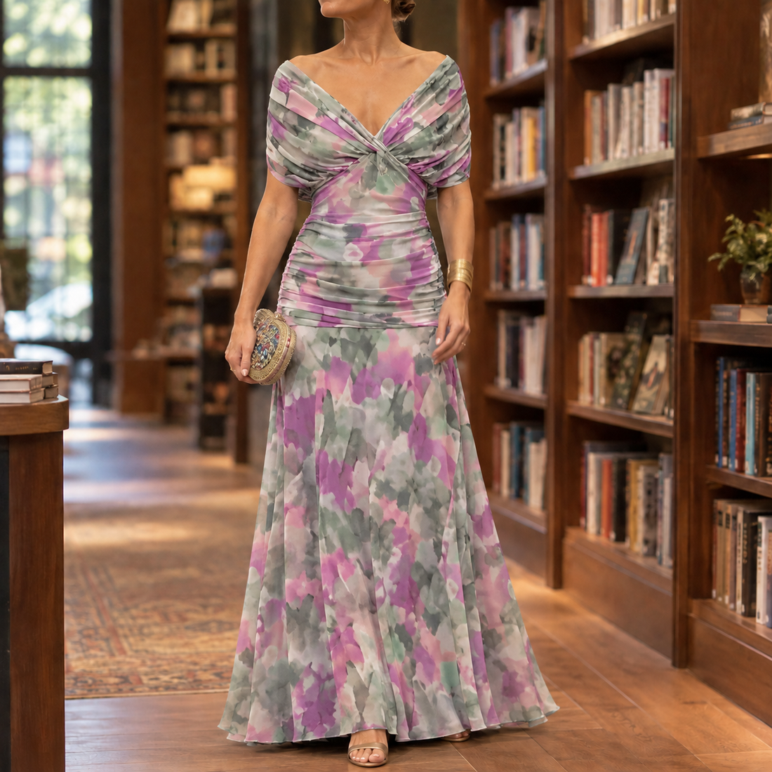 Colette-Louise Draped Maxi Dress - Green Purple 2