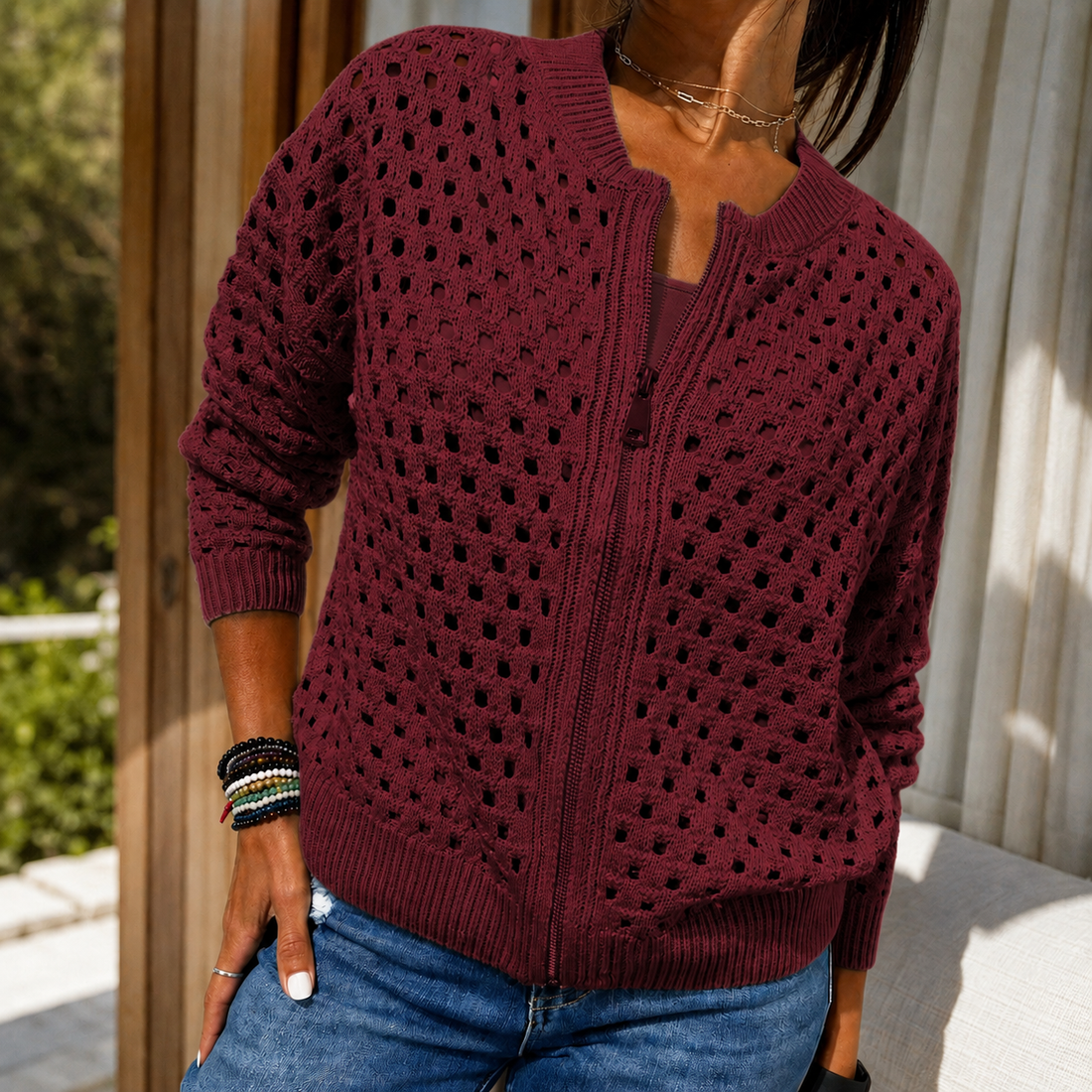 Renata-Louise Open Knit Cardigan - Burgundy