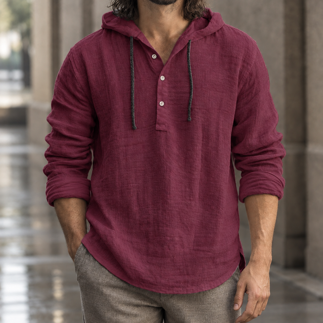 Bradley-Tate Hooded Henley - Burgundy