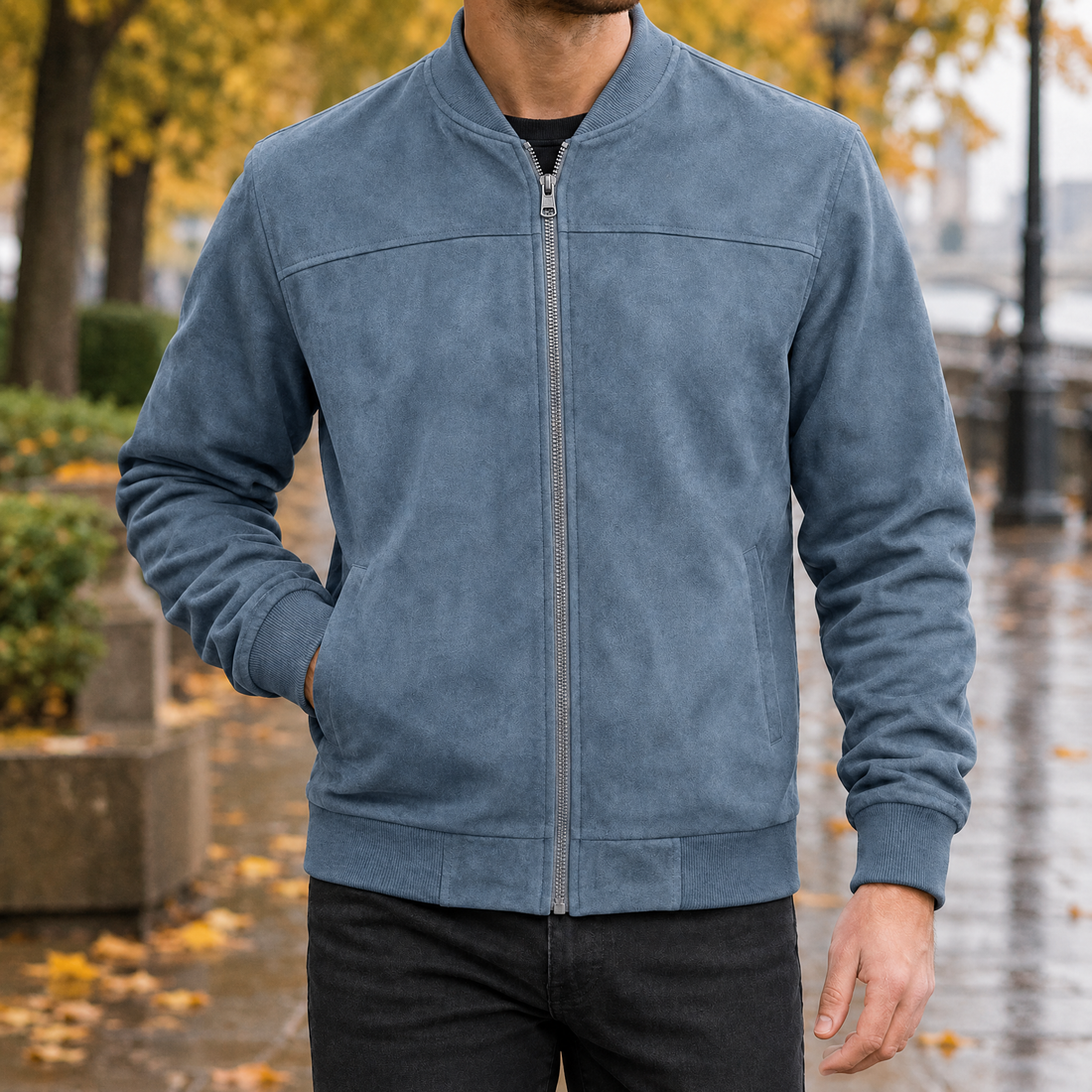 Rufus-Grey Suede Bomber Jacket - Sea ​​blue