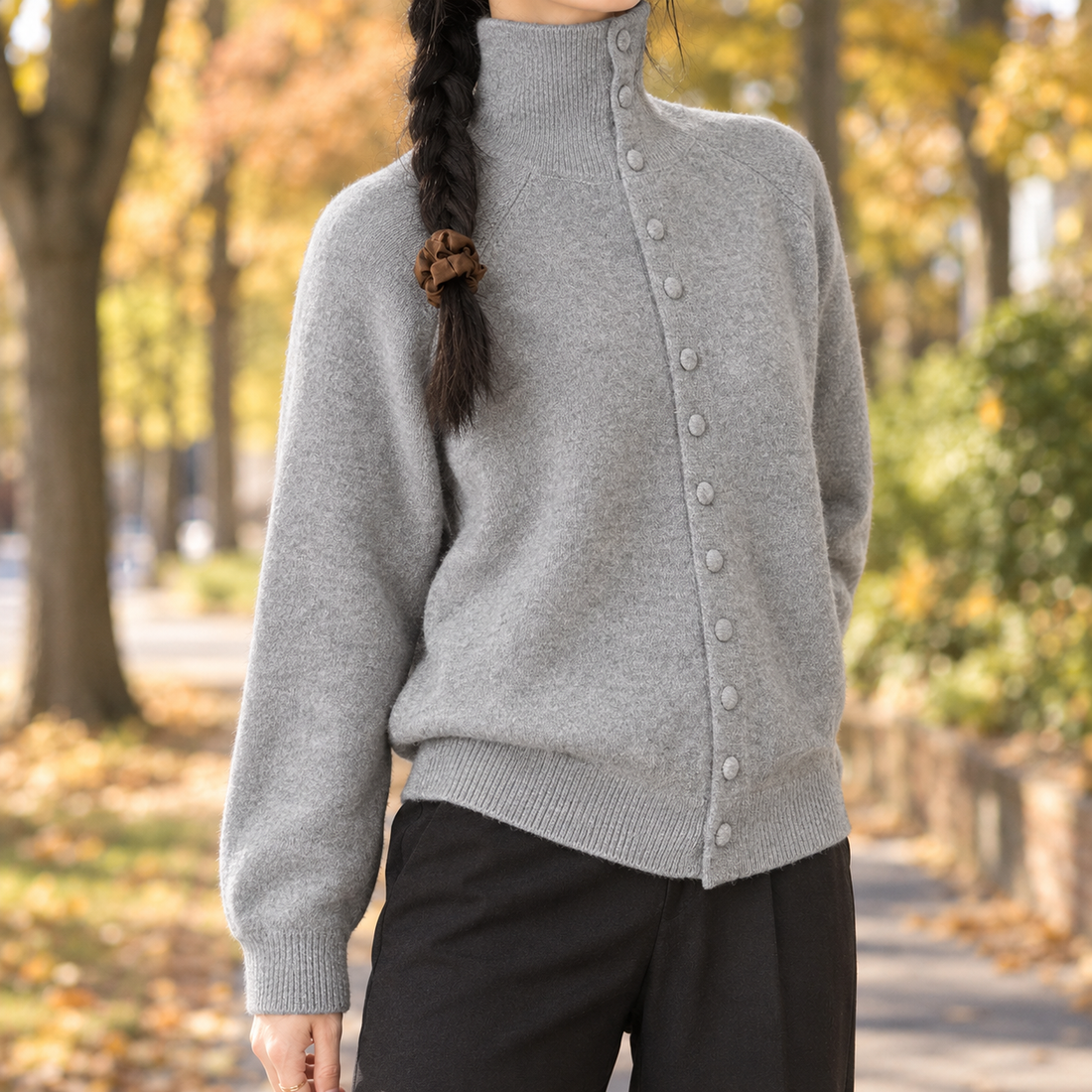 Sarah-Belle High Collar Cardigan - Light Gray