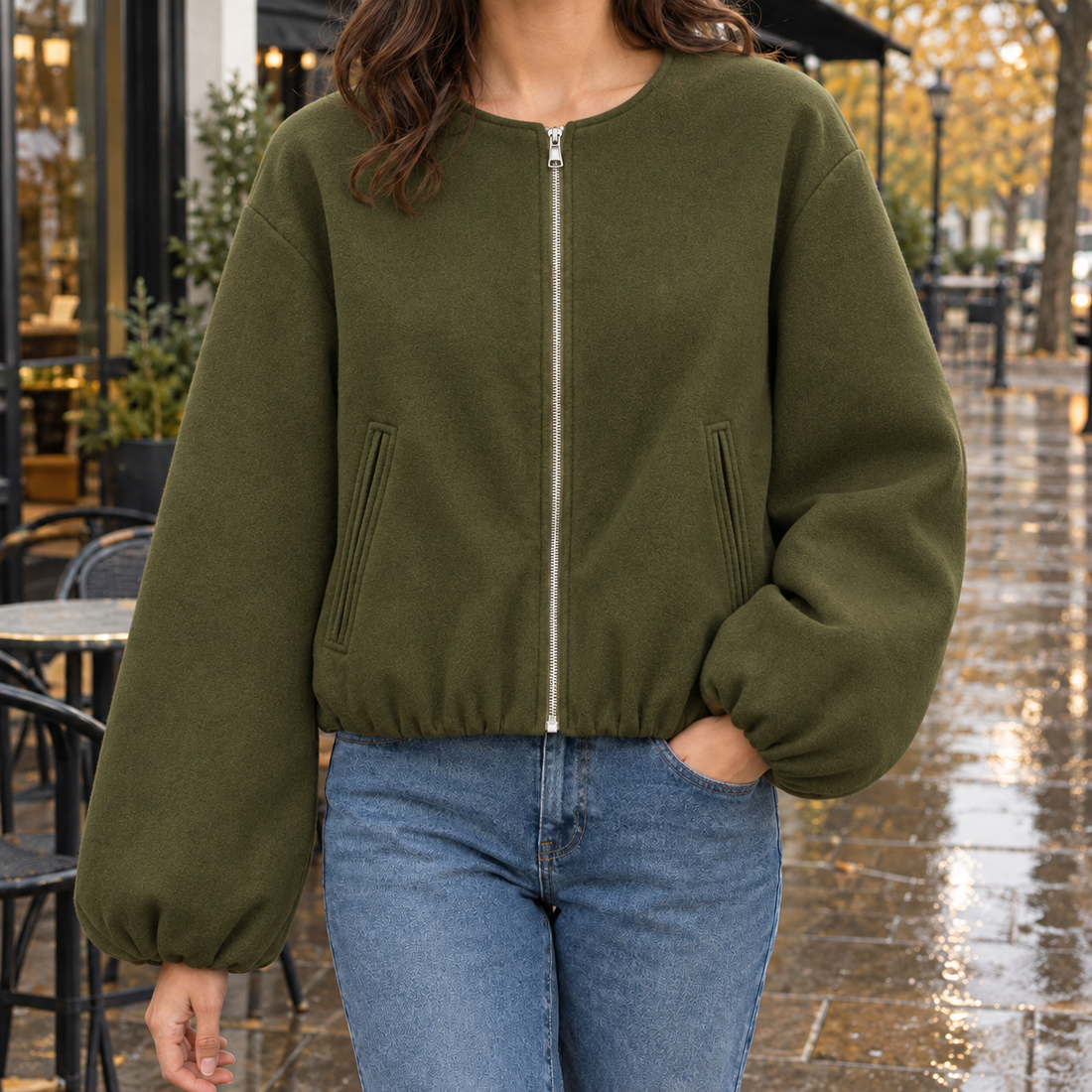Pippa-Lane Balloon Sleeve Jacket - Army Green