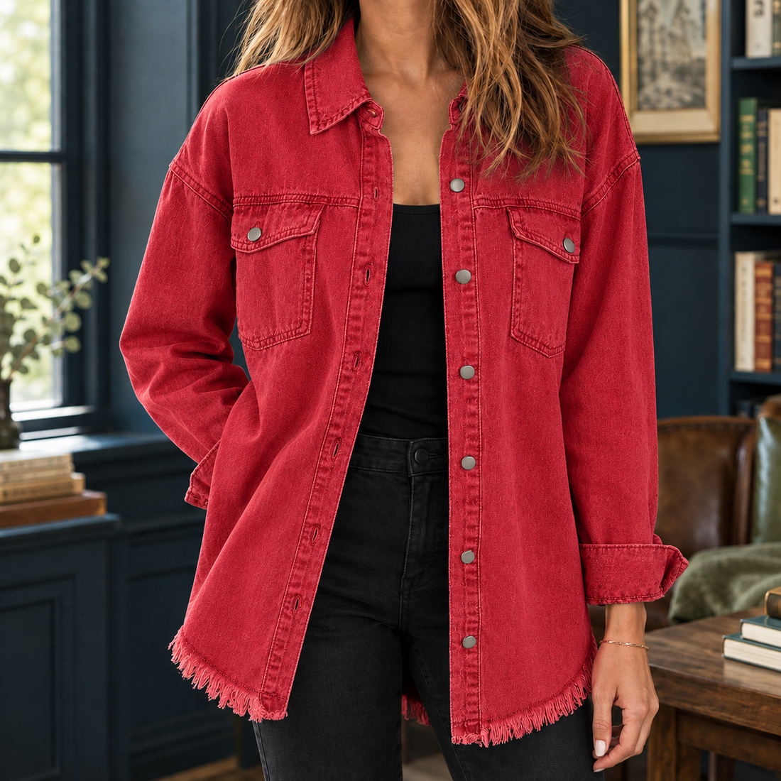Nina-Elise Frayed Denim Overshirt - Red