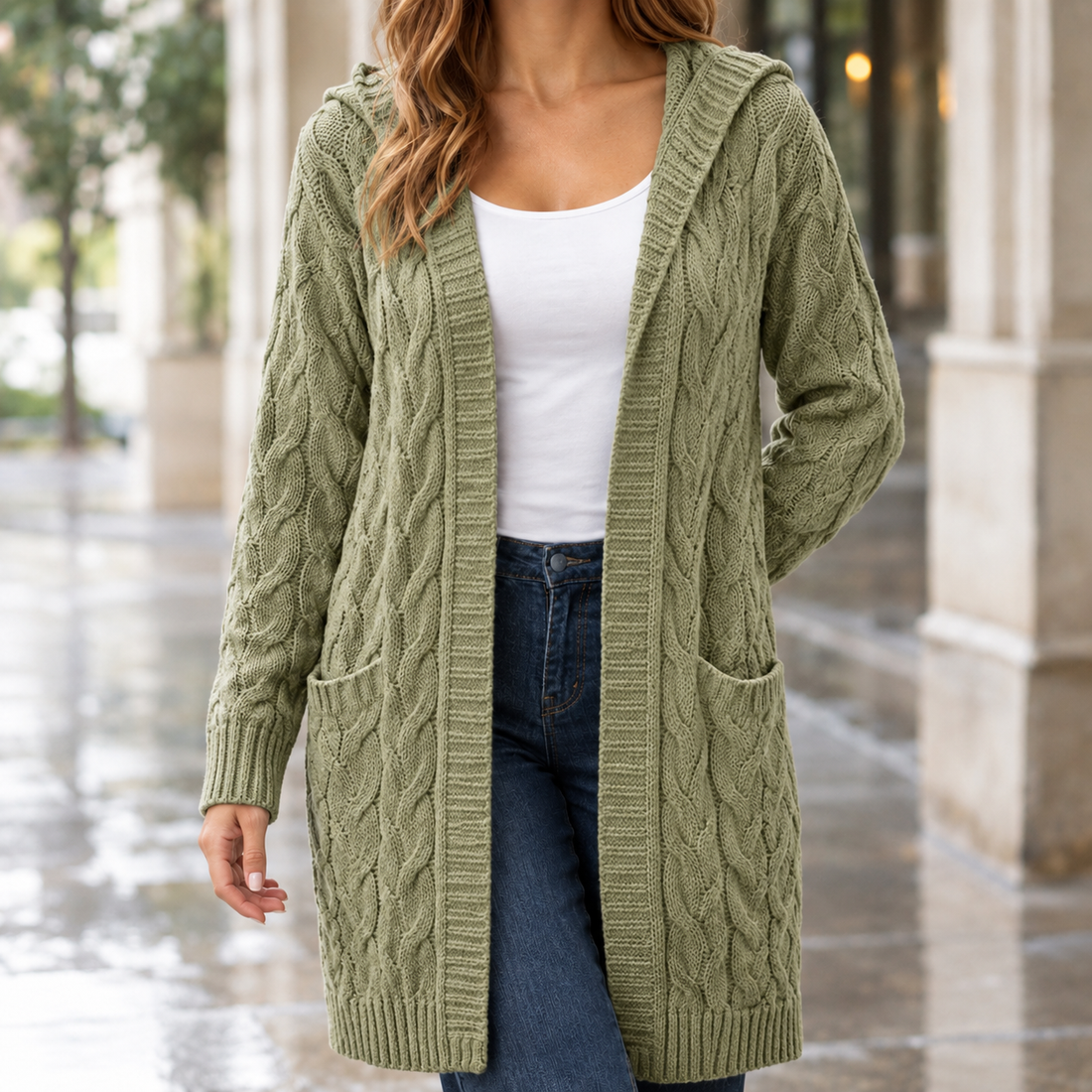 Madeline-Faye Cable Knit Cardigan - Green