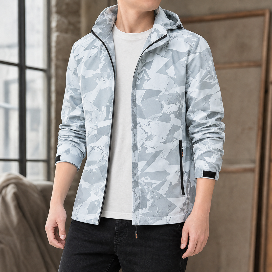 Audric-Hayes Hooded Jacket - Light Gray Geometric