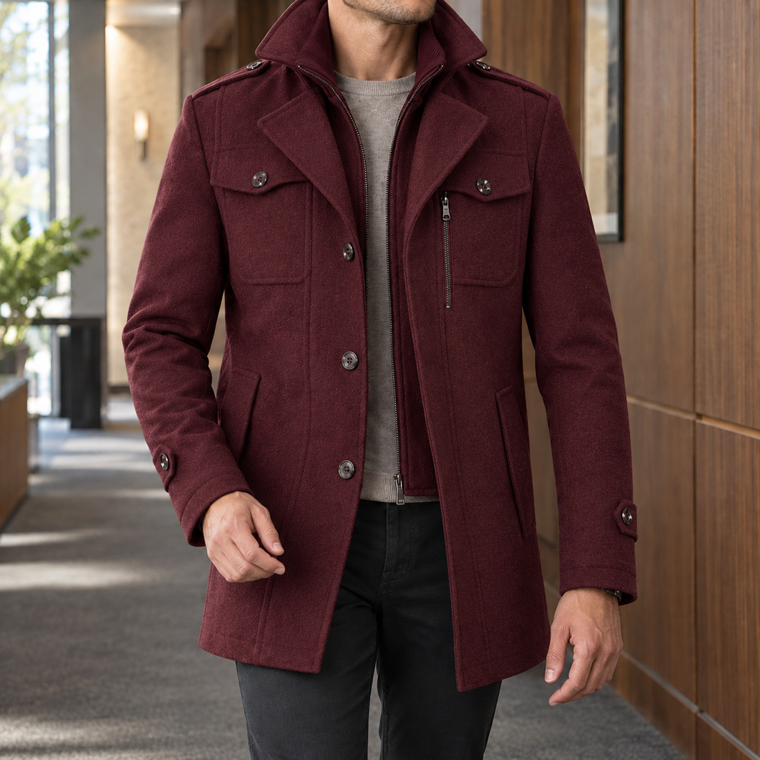 Benjamin Double Collar Coat - Wine Red