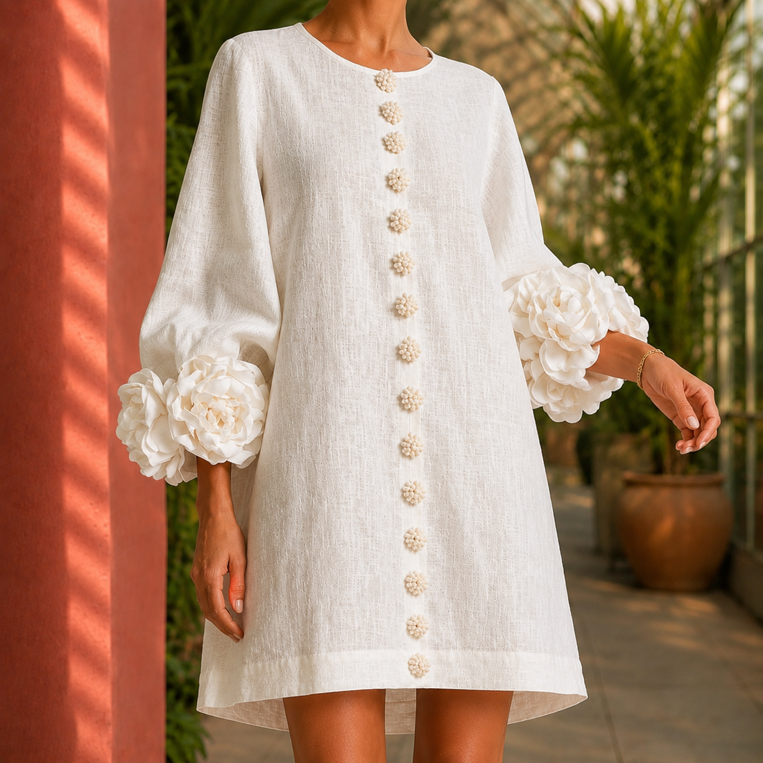 Ariadne Floral Cuff Dress - White