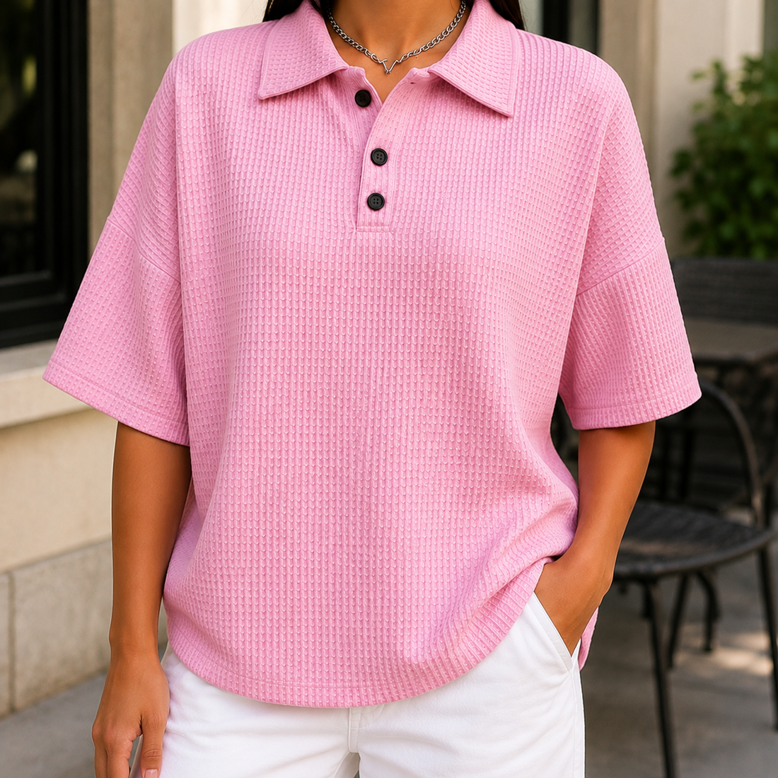 Isabeau Waffle Polo - Pink