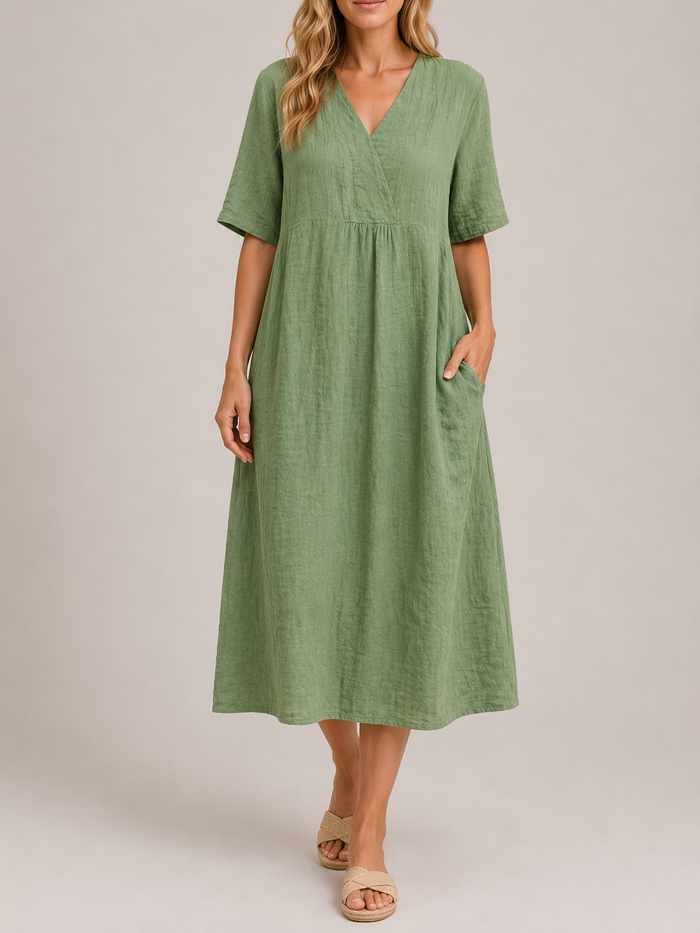 Daphne Linen V-Neck Midi Dress